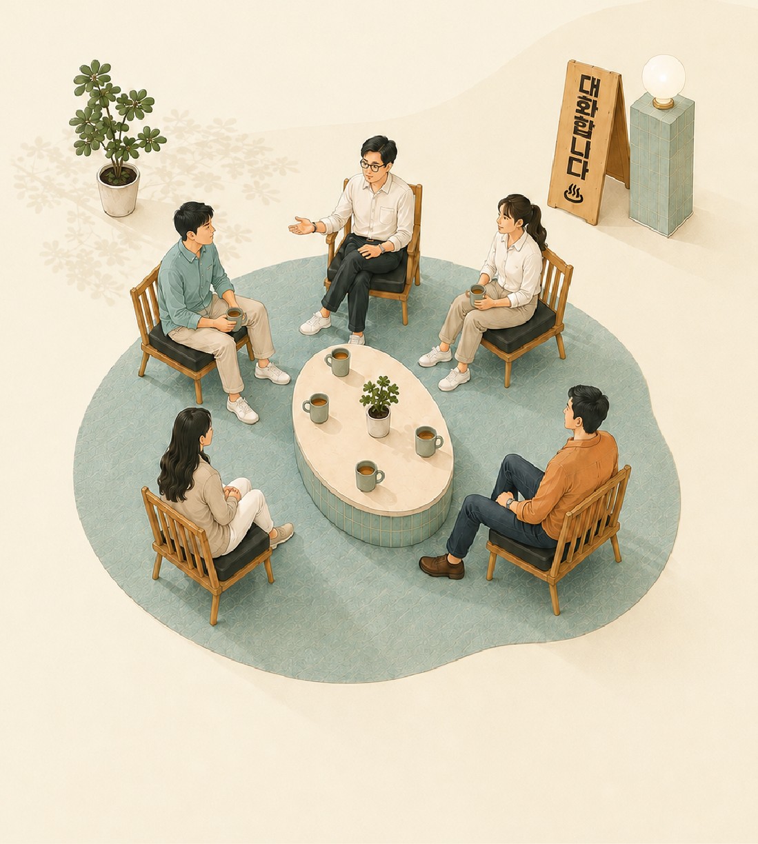 둥근 러그 위에 의자를 놓고 둘러앉아 대화를 나누는 여섯 사람의 일러스트. 옆에는 '대화합니다'라고 적힌 나무 입간판이 서 있습니다.