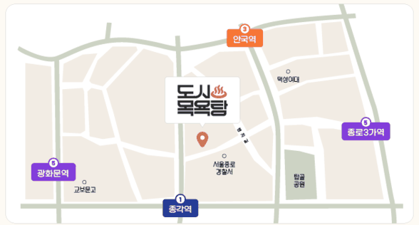 종각역·안국역·종로3가역·광화문역 사이 인사동에 도시목욕탕 위치가 표시된 약도